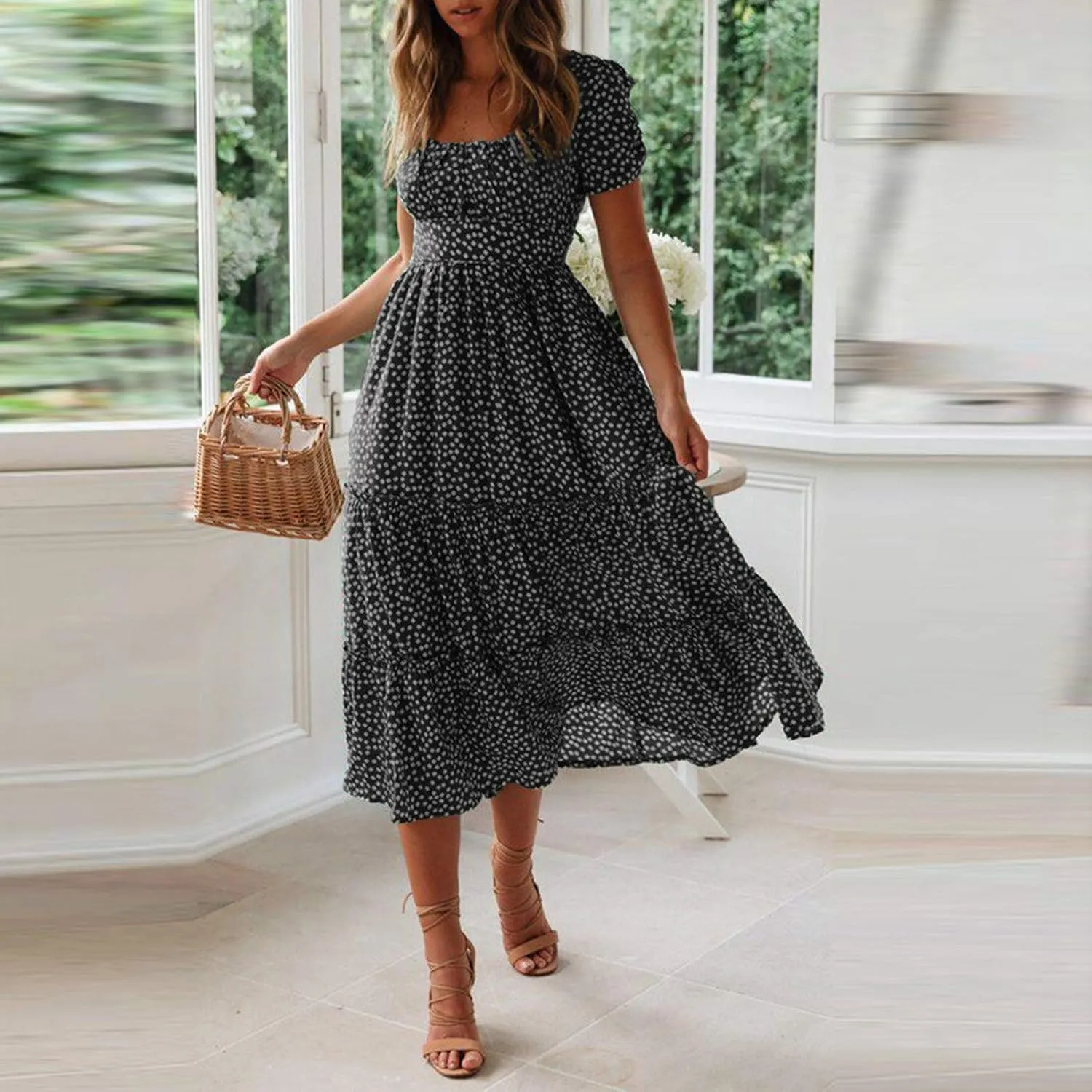 Summer Dresses for Women 2025 Polka Dot Chiffon Elegant Flowy Summer Dress Loose Tiered A Line Boho Beach Sundress