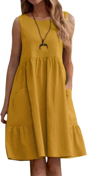 Summer Dresses for Women Casual Crew Neck Mini Dress Fashion Sleeveless Tank Dresses Lightweight Short A Line Dress