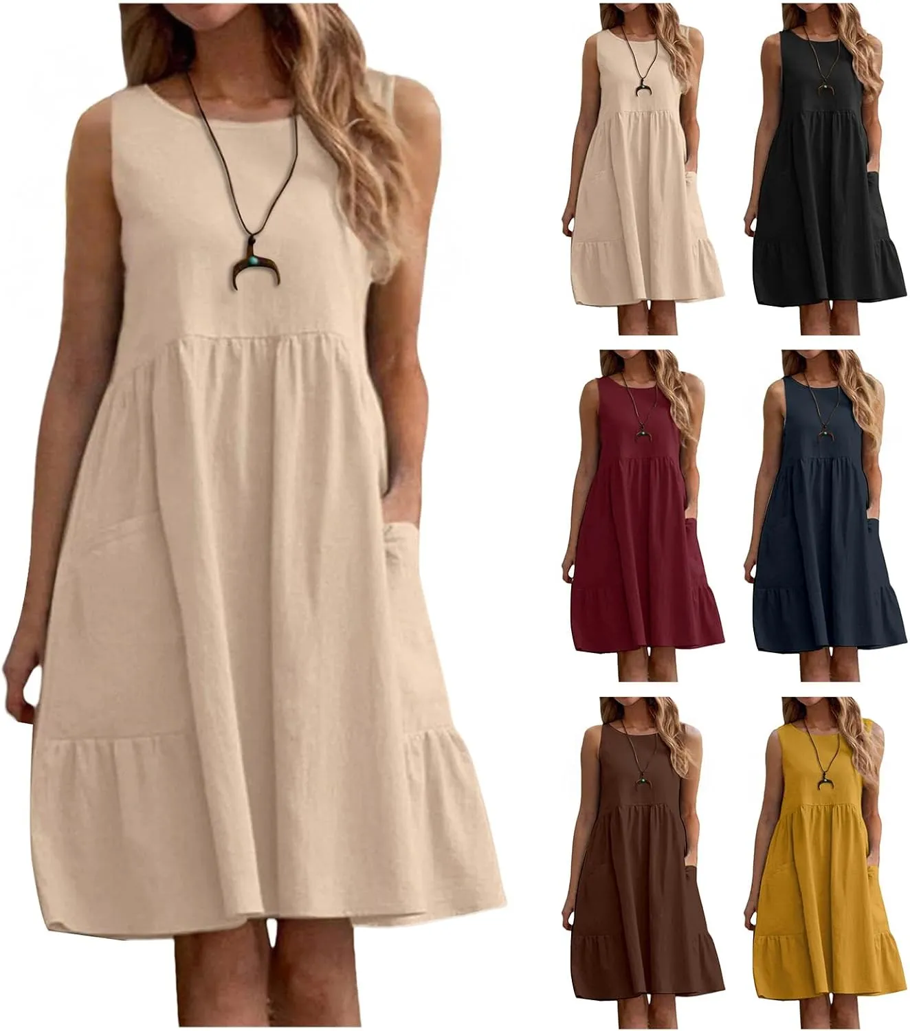 Summer Dresses for Women Casual Crew Neck Mini Dress Fashion Sleeveless Tank Dresses Lightweight Short A Line Dress