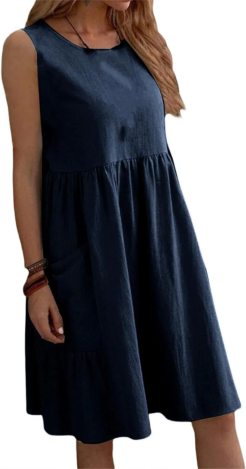 Summer Dresses for Women Casual Crew Neck Mini Dress Fashion Sleeveless Tank Dresses Lightweight Short A Line Dress