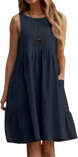 Summer Dresses for Women Casual Crew Neck Mini Dress Fashion Sleeveless Tank Dresses Lightweight Short A Line Dress