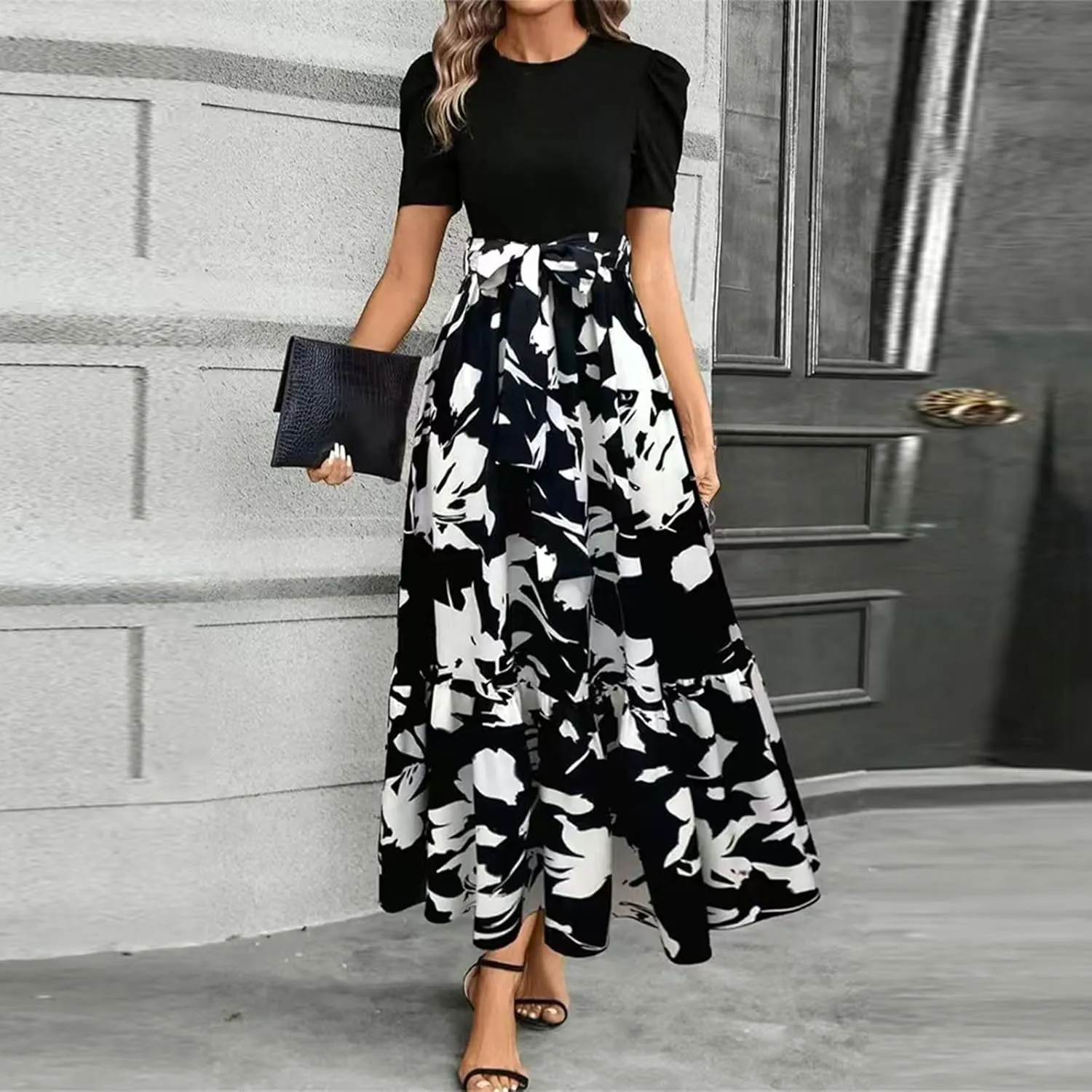 Summer Dresses for Women Puff Sleeve Flowy Floral Dress Casual Maxi Dress with Belt Elegant Sundress Long Dresses