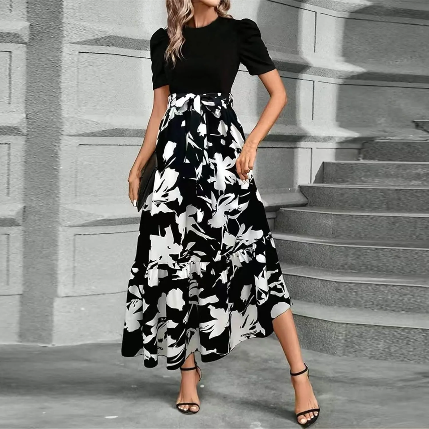 Summer Dresses for Women Puff Sleeve Flowy Floral Dress Casual Maxi Dress with Belt Elegant Sundress Long Dresses