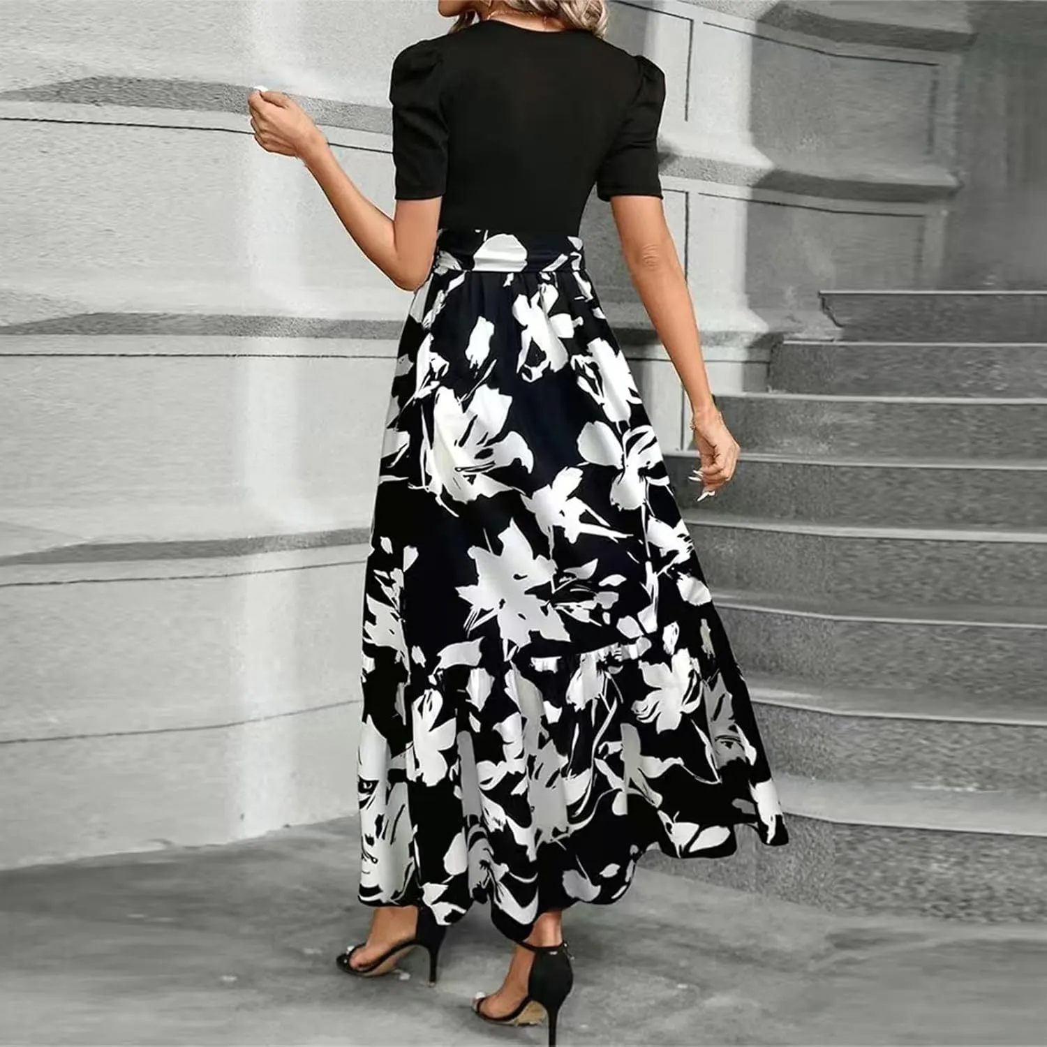 Summer Dresses for Women Puff Sleeve Flowy Floral Dress Casual Maxi Dress with Belt Elegant Sundress Long Dresses