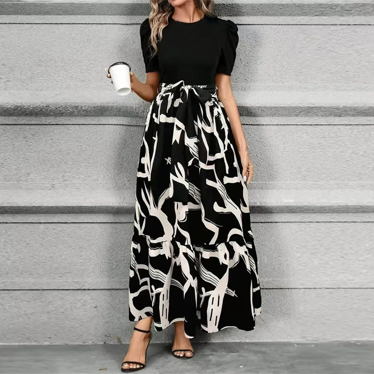 Summer Dresses for Women Puff Sleeve Flowy Floral Dress Casual Maxi Dress with Belt Elegant Sundress Long Dresses
