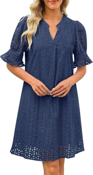 Summer Dresses for Women Solid Color Elegant Short Sleeve V Neck Casual Wrap Beach Dresses Tea