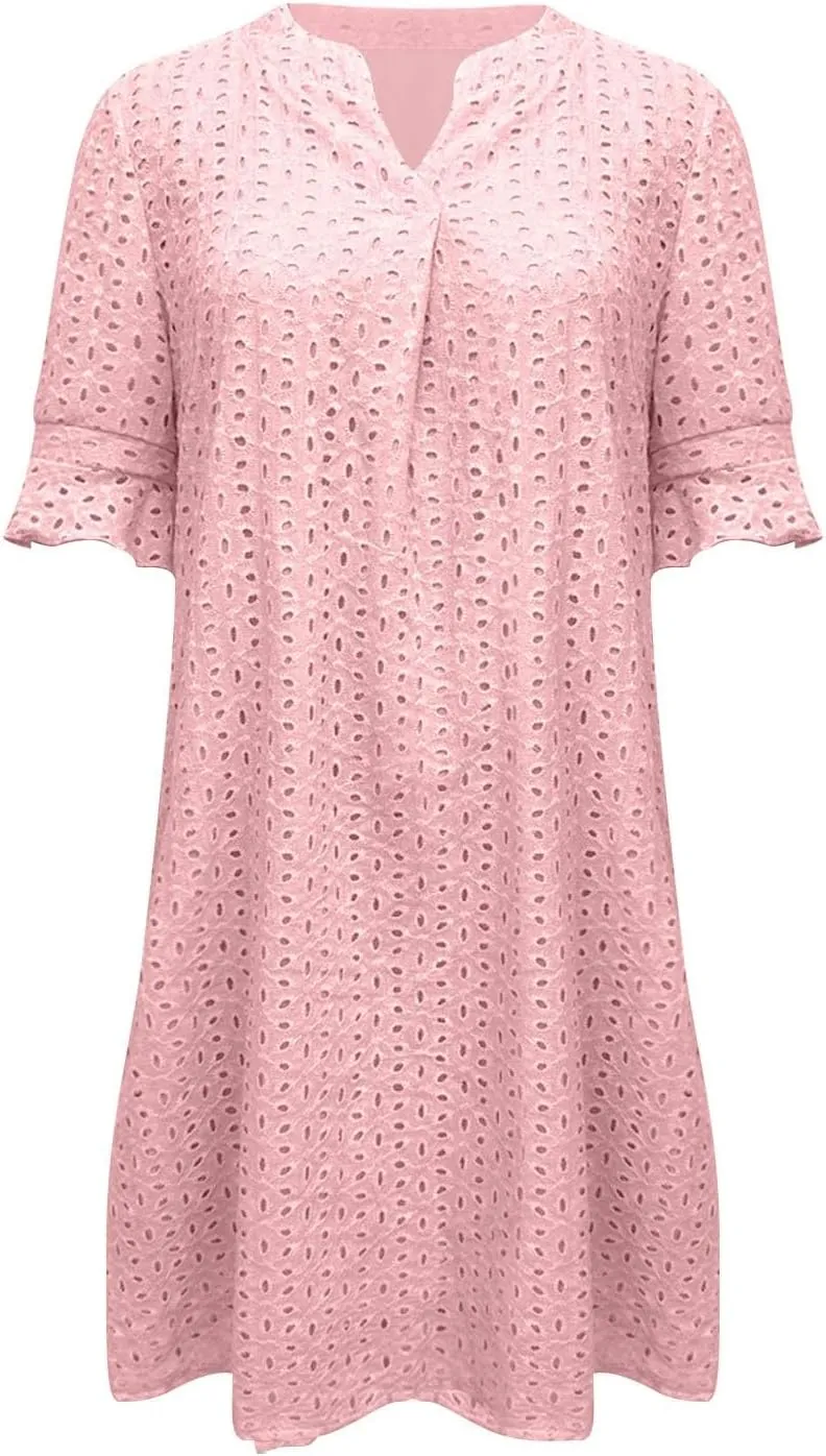 Summer Dresses for Women Solid Color Elegant Short Sleeve V Neck Casual Wrap Beach Dresses Tea