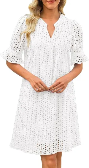 Summer Dresses for Women Solid Color Elegant Short Sleeve V Neck Casual Wrap Beach Dresses Tea
