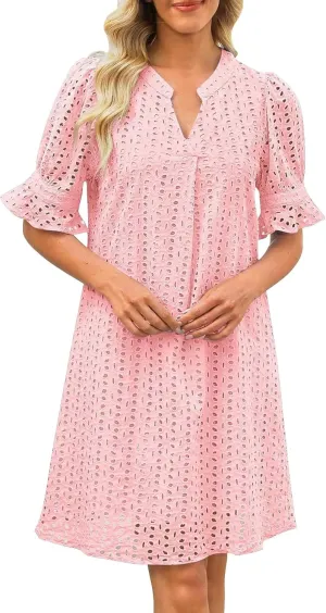 Summer Dresses for Women Solid Color Elegant Short Sleeve V Neck Casual Wrap Beach Dresses Tea