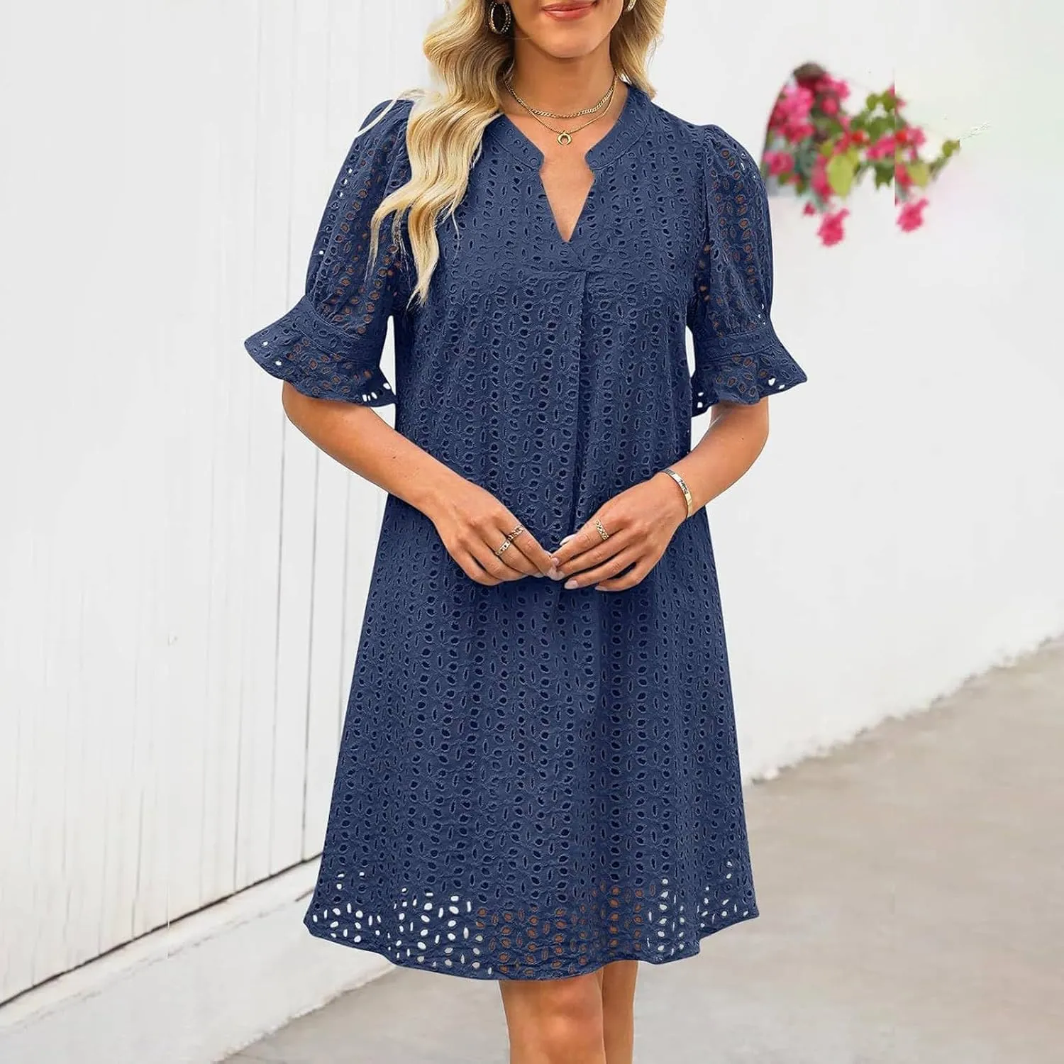 Summer Dresses for Women Solid Color Elegant Short Sleeve V Neck Casual Wrap Beach Dresses Tea