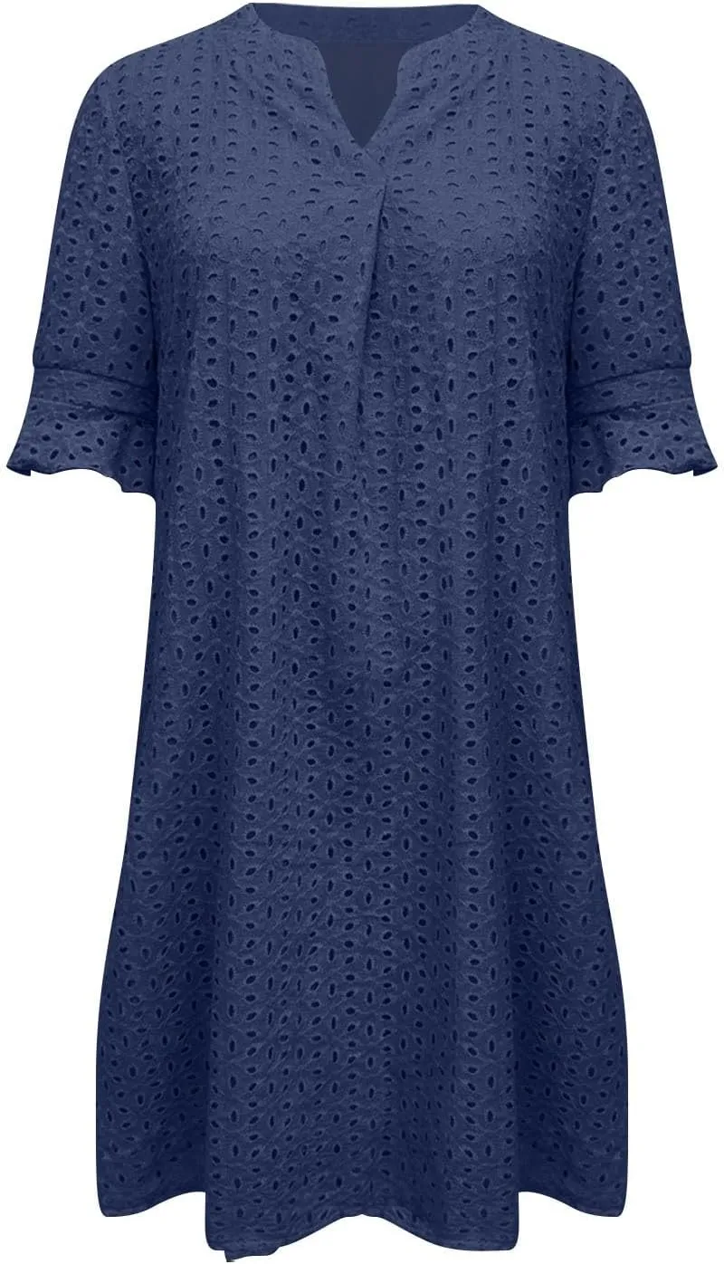 Summer Dresses for Women Solid Color Elegant Short Sleeve V Neck Casual Wrap Beach Dresses Tea