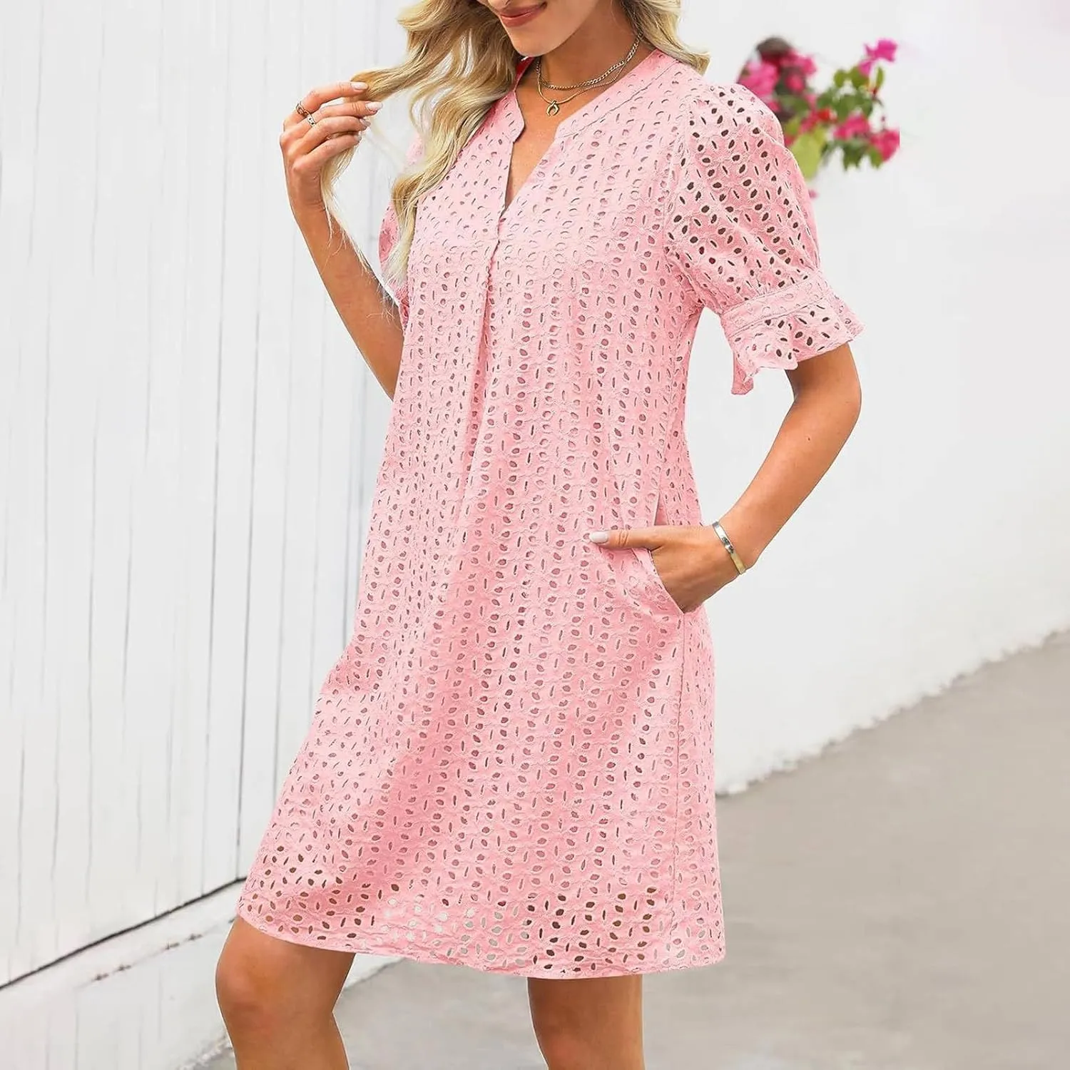 Summer Dresses for Women Solid Color Elegant Short Sleeve V Neck Casual Wrap Beach Dresses Tea