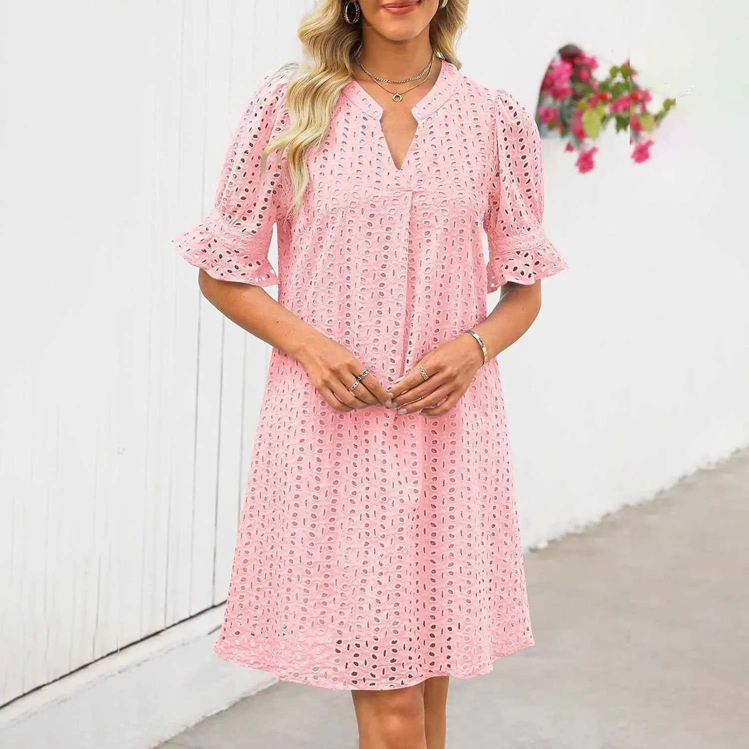 Summer Dresses for Women Solid Color Elegant Short Sleeve V Neck Casual Wrap Beach Dresses Tea