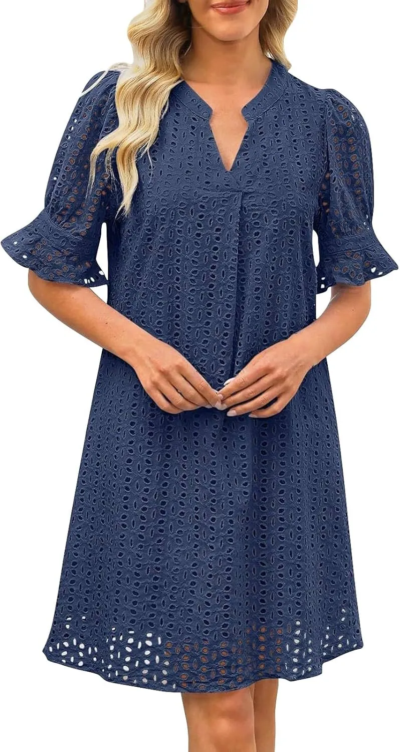 Summer Dresses for Women Solid Color Elegant Short Sleeve V Neck Casual Wrap Beach Dresses Tea