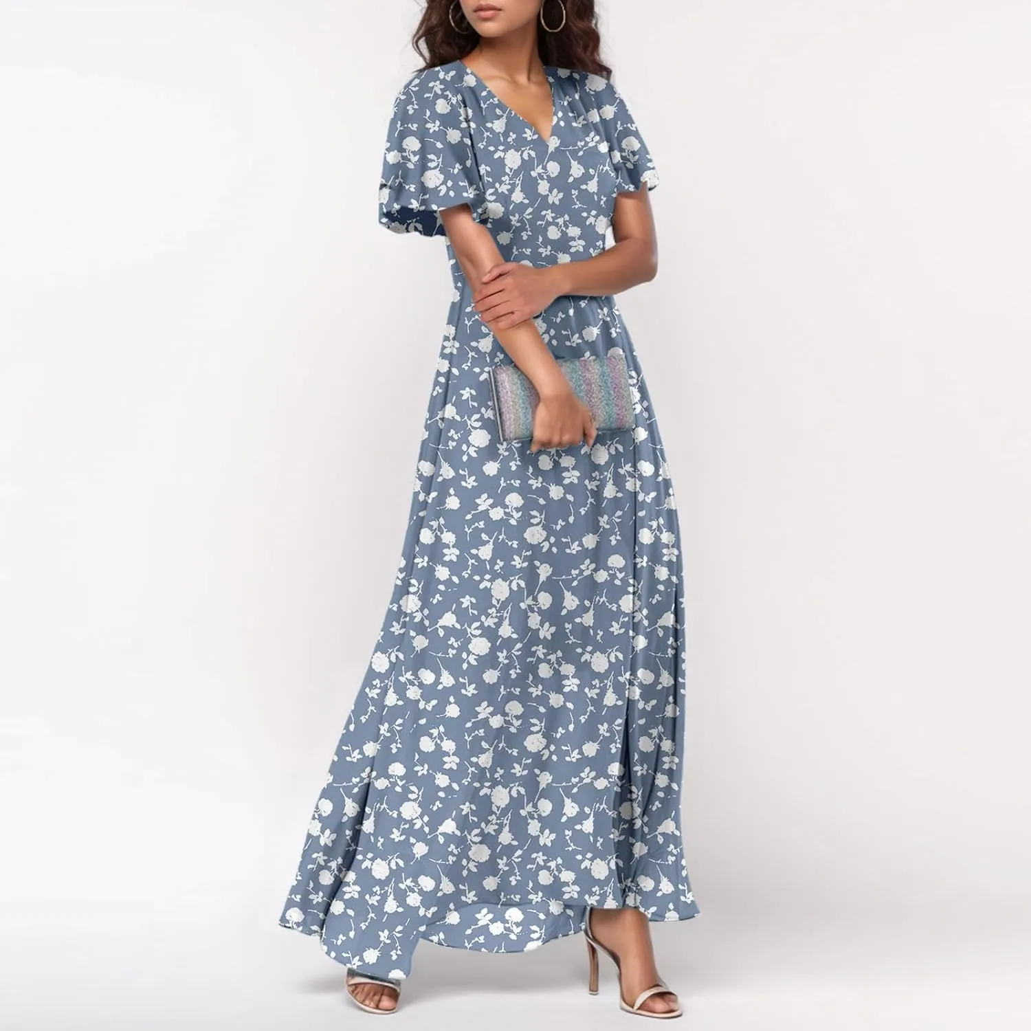 Summer Dress,Wedding Guest Floral Maxi Dress Short Sleeve Flowy Party Women's Casual Dresses