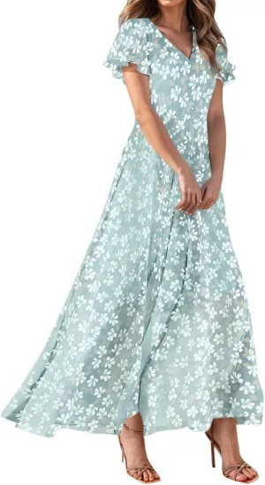 Summer Dress,Wedding Guest Floral Maxi Dress Short Sleeve Flowy Party Women's Casual Dresses