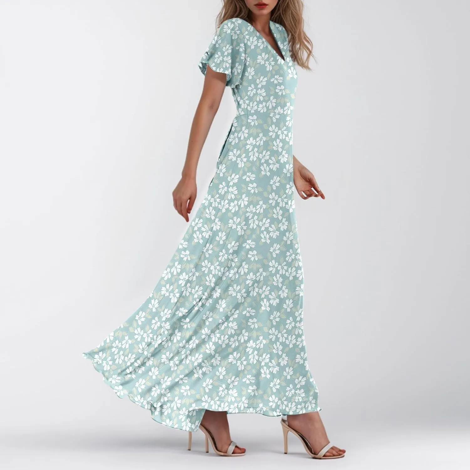 Summer Dress,Wedding Guest Floral Maxi Dress Short Sleeve Flowy Party Women's Casual Dresses