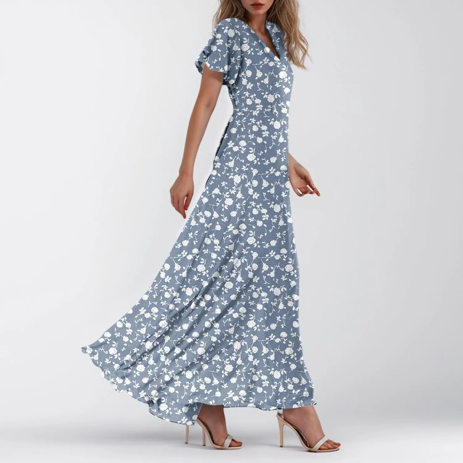 Summer Dress,Wedding Guest Floral Maxi Dress Short Sleeve Flowy Party Women's Casual Dresses