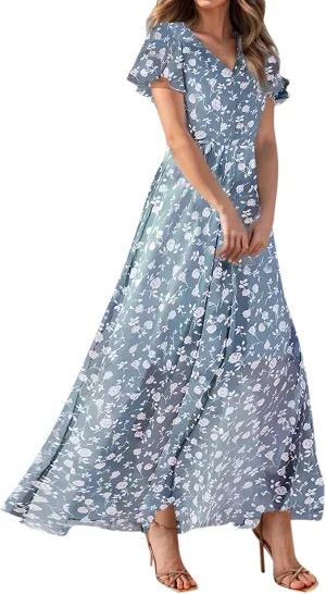 Summer Dress,Wedding Guest Floral Maxi Dress Short Sleeve Flowy Party Women's Casual Dresses