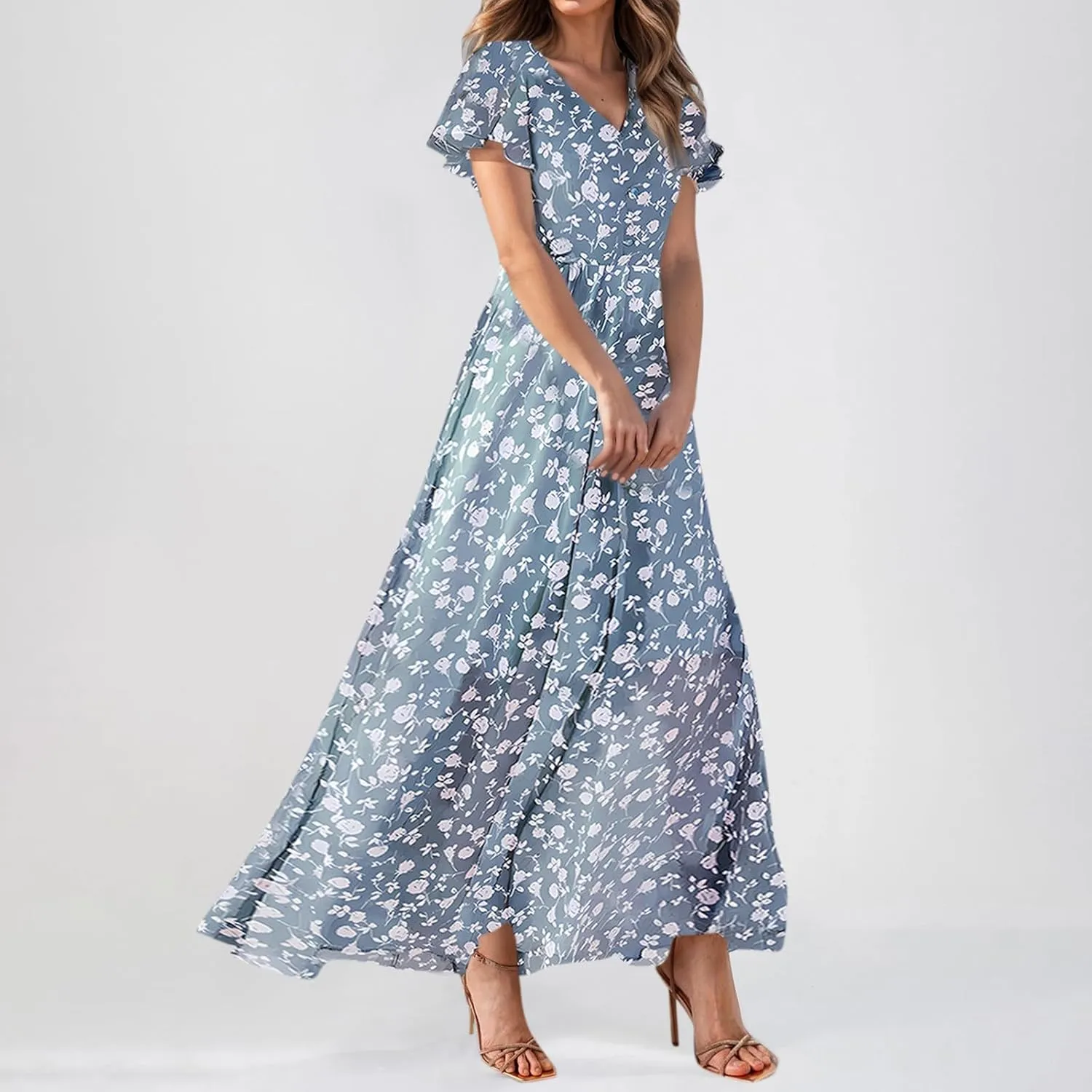 Summer Dress,Wedding Guest Floral Maxi Dress Short Sleeve Flowy Party Women's Casual Dresses