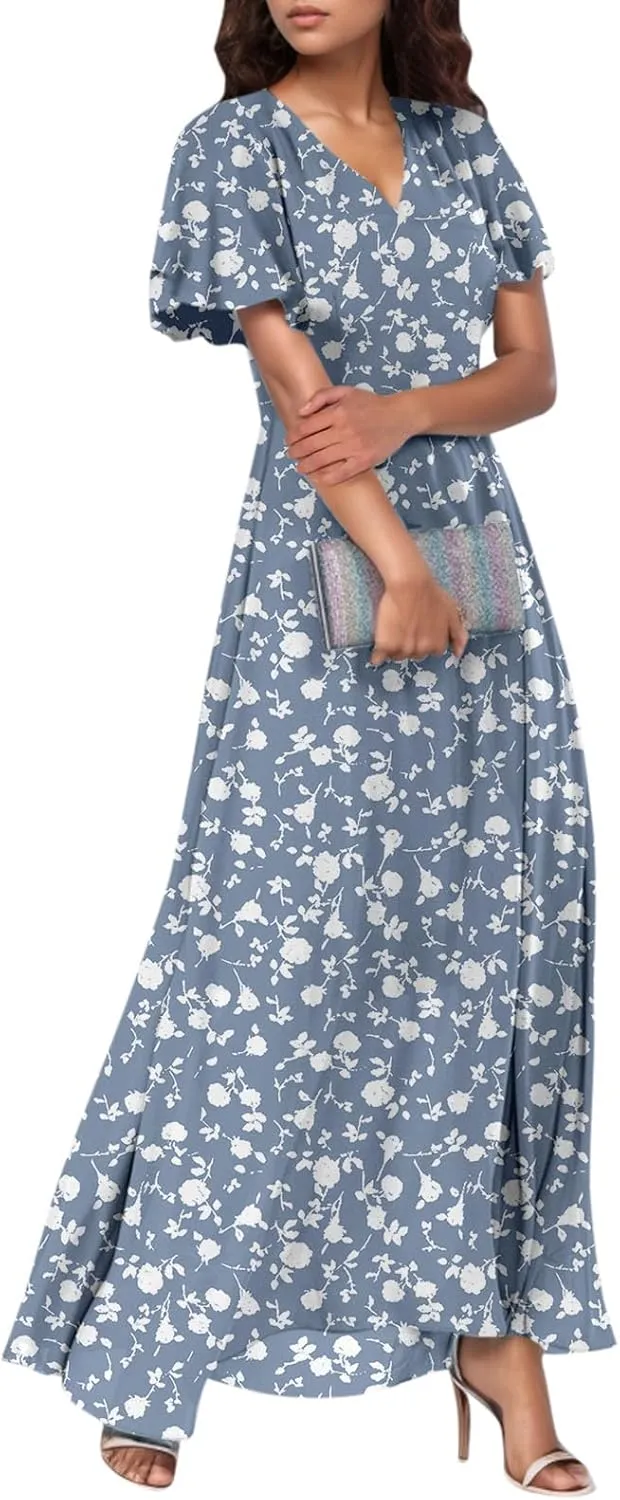 Summer Dress,Wedding Guest Floral Maxi Dress Short Sleeve Flowy Party Women's Casual Dresses