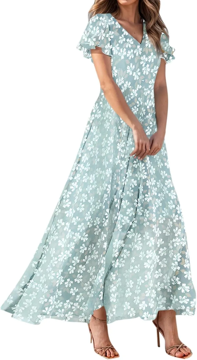 Summer Dress,Wedding Guest Floral Maxi Dress Short Sleeve Flowy Party Women's Casual Dresses
