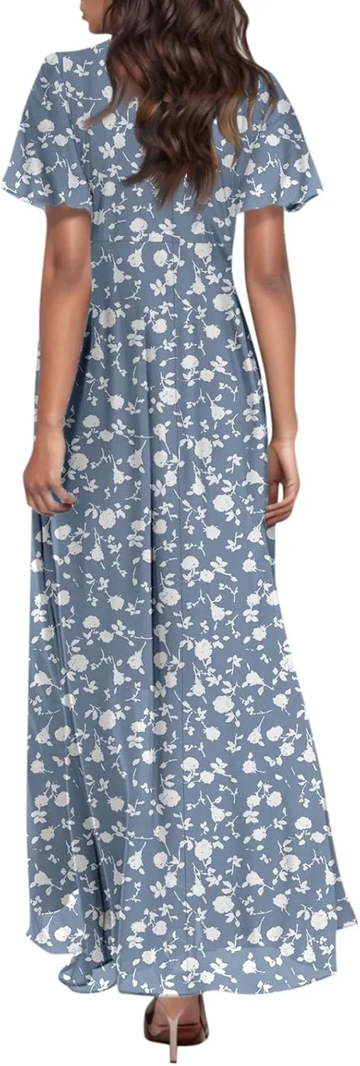 Summer Dress,Wedding Guest Floral Maxi Dress Short Sleeve Flowy Party Women's Casual Dresses