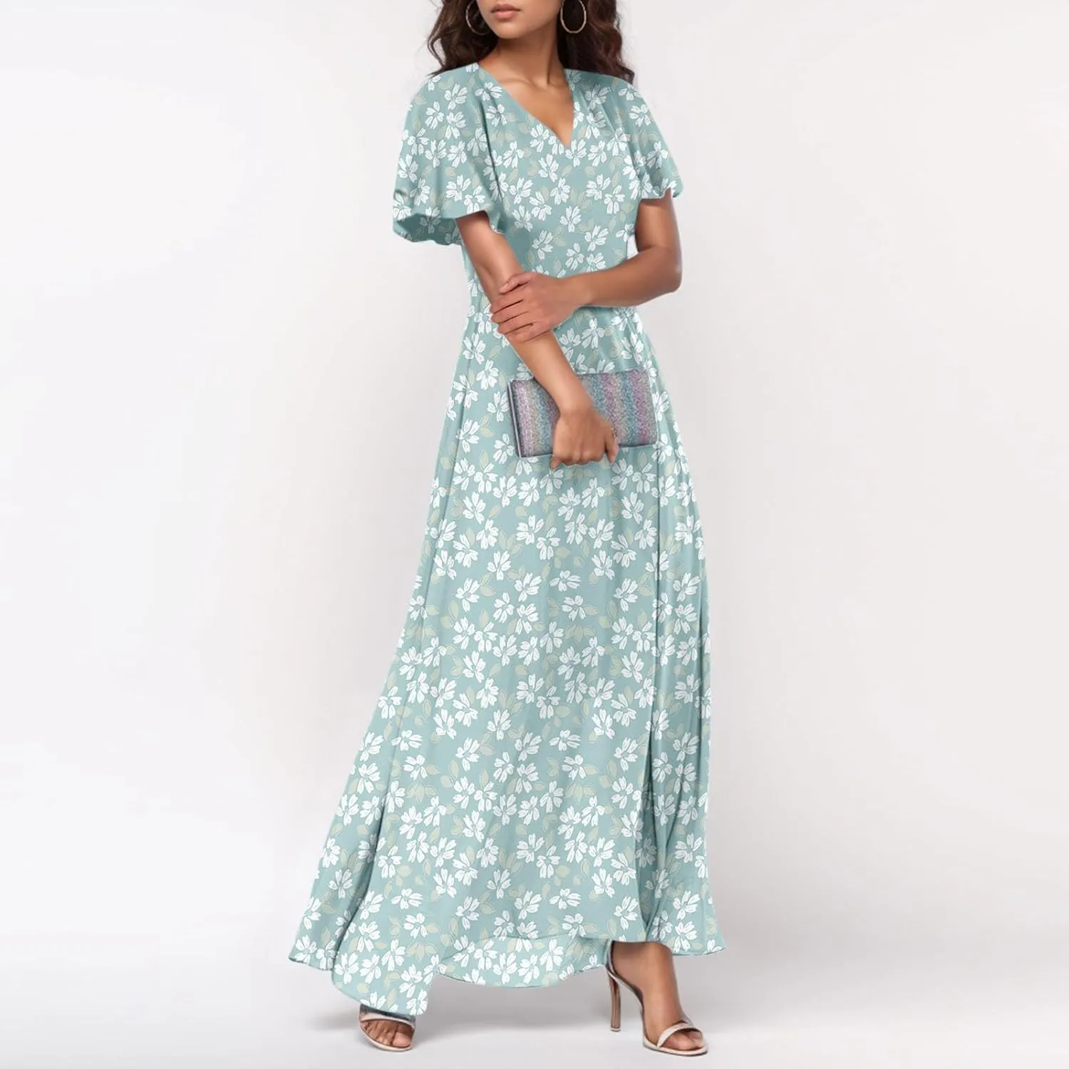 Summer Dress,Wedding Guest Floral Maxi Dress Short Sleeve Flowy Party Women's Casual Dresses