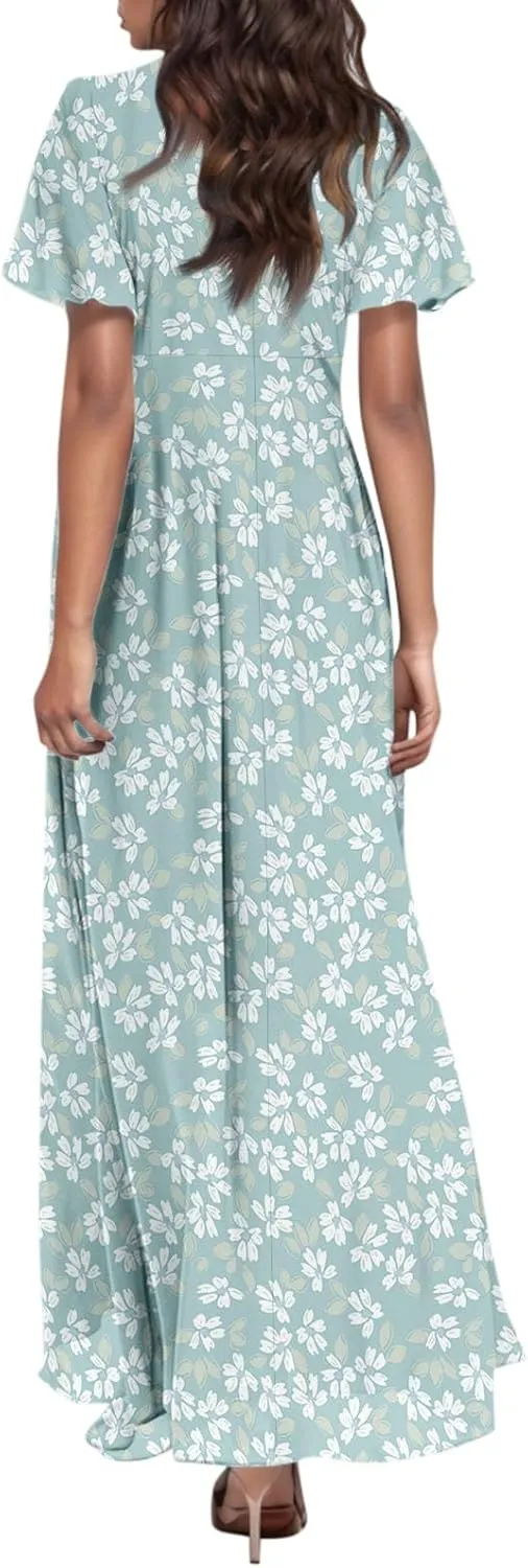 Summer Dress,Wedding Guest Floral Maxi Dress Short Sleeve Flowy Party Women's Casual Dresses