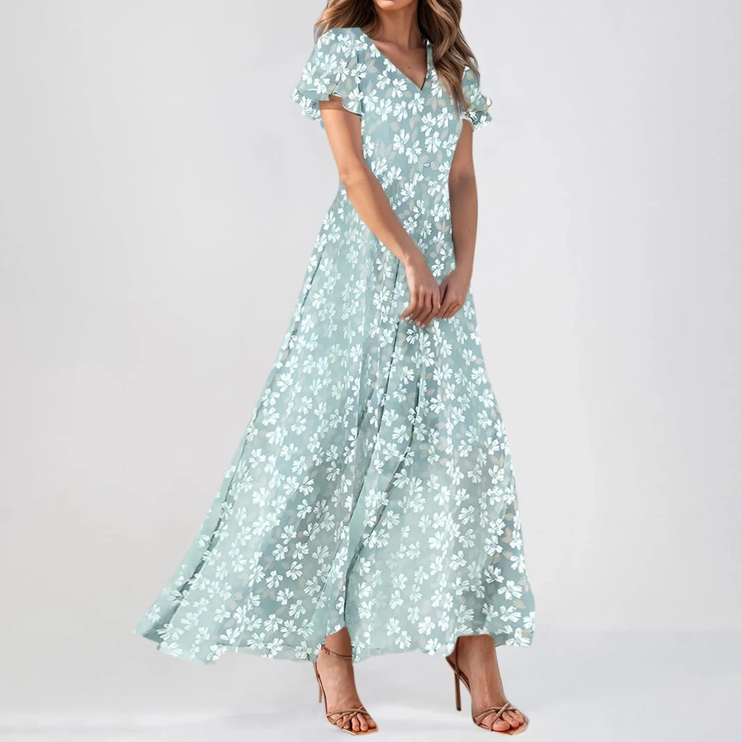 Summer Dress,Wedding Guest Floral Maxi Dress Short Sleeve Flowy Party Women's Casual Dresses