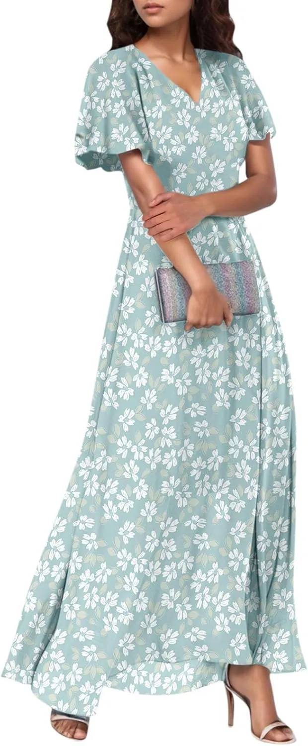 Summer Dress,Wedding Guest Floral Maxi Dress Short Sleeve Flowy Party Women's Casual Dresses