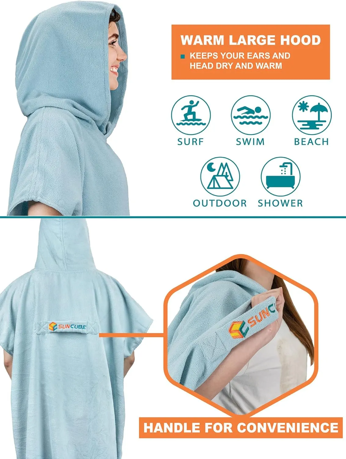 SUN CUBE Surf Poncho Changing Robe with Hood | Absorbent Quick Dry Microfiber Wetsuit Changing Towel with Pocket for Surfing Men Women