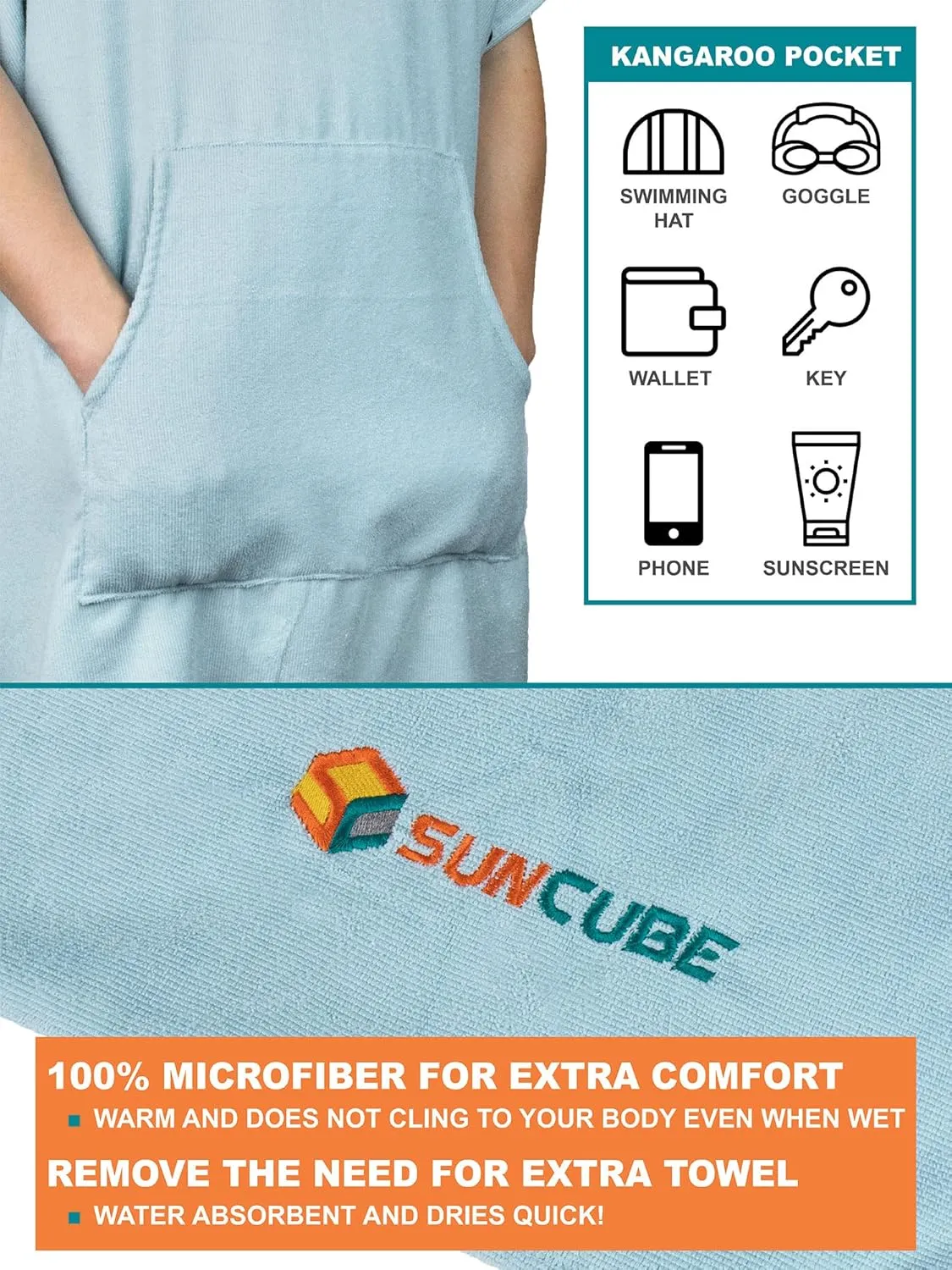 SUN CUBE Surf Poncho Changing Robe with Hood | Absorbent Quick Dry Microfiber Wetsuit Changing Towel with Pocket for Surfing Men Women