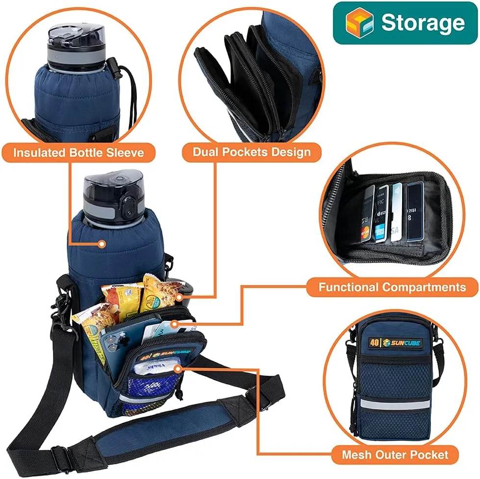 SUN CUBE Water Bottle Carrier with Strap, Insulated Water Bottle Carrier Bag with Phone Pocket Pouch, Sleeve Sling Purse Crossbody Bottle Holder for Walking, Sports, Hiking Accessories 40/64 oz