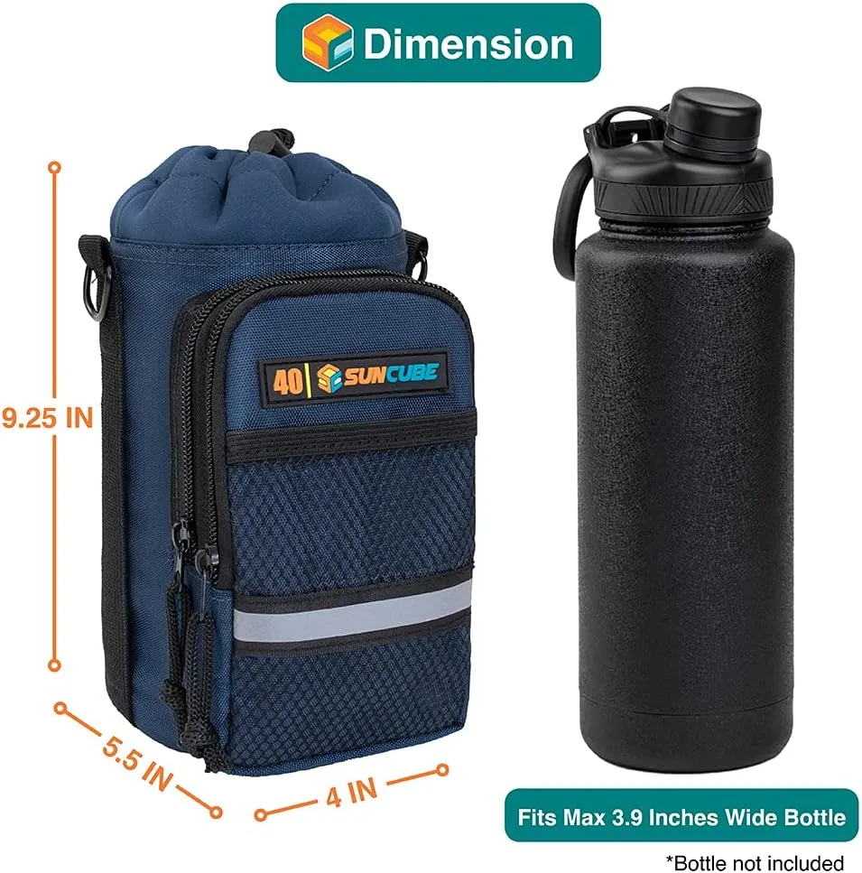 SUN CUBE Water Bottle Carrier with Strap, Insulated Water Bottle Carrier Bag with Phone Pocket Pouch, Sleeve Sling Purse Crossbody Bottle Holder for Walking, Sports, Hiking Accessories 40/64 oz