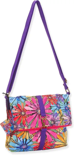 Sun 'N' Sand Laurel Burch Fleur Flapover Flower Crossbody Shoulder Bag Purse - Women Cotton Canvas Floral Handbag Multicolor