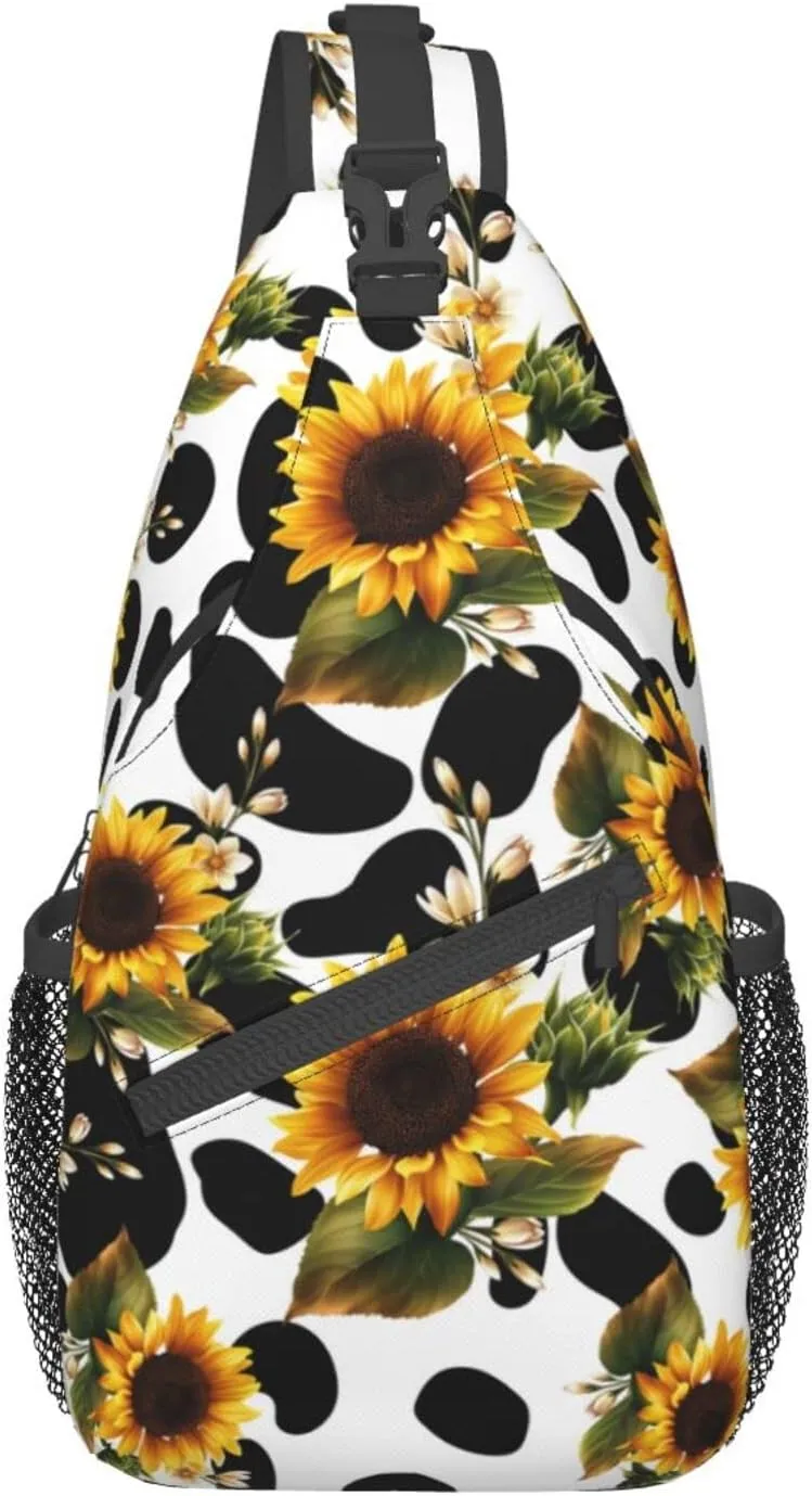 Sunflower Cow Print Sling Bag Crossbody Backpack Sunflower Pattern Yellow Flowers Isolated on Cute Cow Fur Texture Travel Hiking Daypack Animal Cowhide Chest Bag Shoulder Bag Unisex