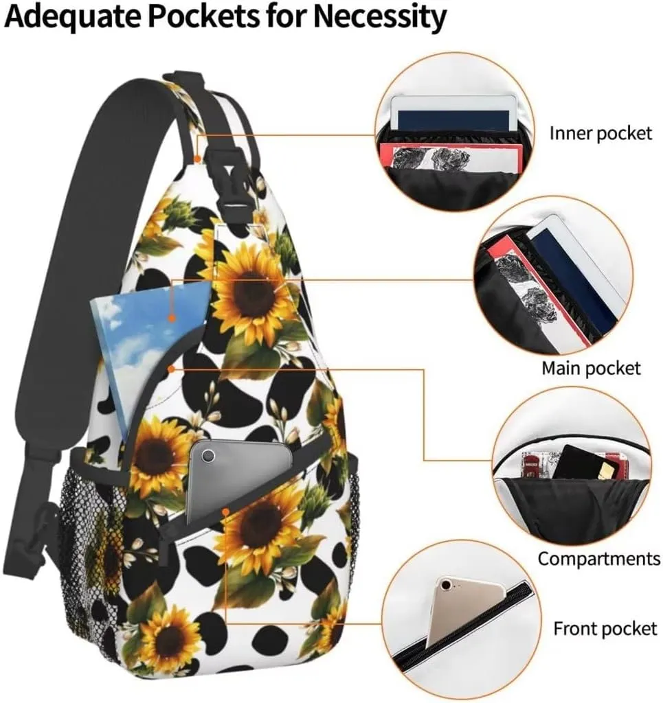 Sunflower Cow Print Sling Bag Crossbody Backpack Sunflower Pattern Yellow Flowers Isolated on Cute Cow Fur Texture Travel Hiking Daypack Animal Cowhide Chest Bag Shoulder Bag Unisex