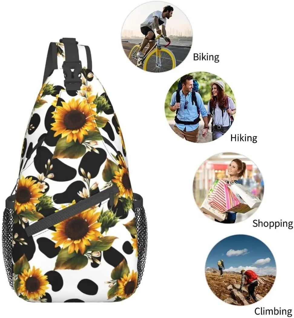 Sunflower Cow Print Sling Bag Crossbody Backpack Sunflower Pattern Yellow Flowers Isolated on Cute Cow Fur Texture Travel Hiking Daypack Animal Cowhide Chest Bag Shoulder Bag Unisex