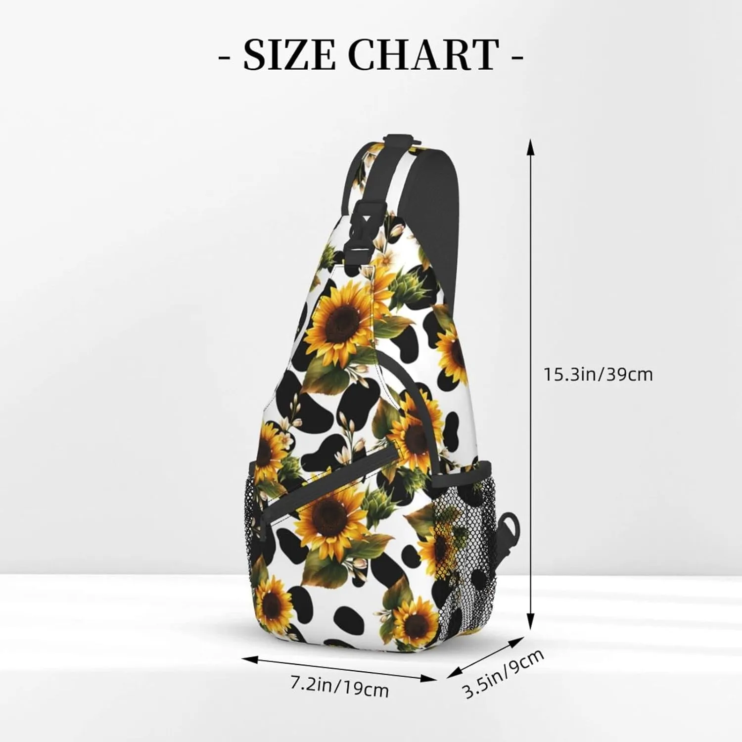 Sunflower Cow Print Sling Bag Crossbody Backpack Sunflower Pattern Yellow Flowers Isolated on Cute Cow Fur Texture Travel Hiking Daypack Animal Cowhide Chest Bag Shoulder Bag Unisex