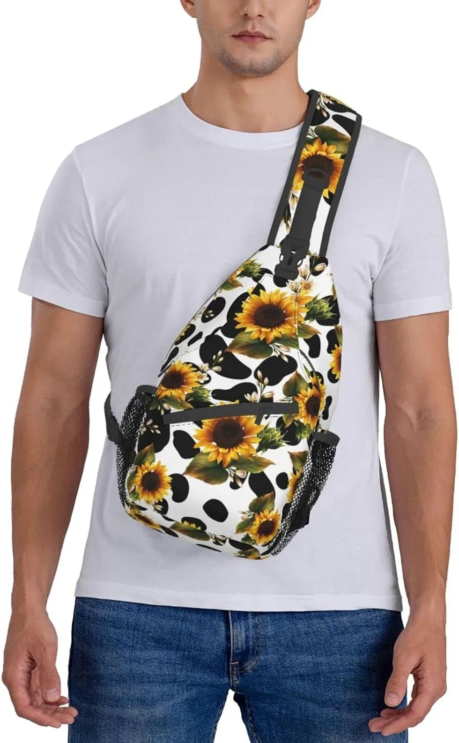 Sunflower Cow Print Sling Bag Crossbody Backpack Sunflower Pattern Yellow Flowers Isolated on Cute Cow Fur Texture Travel Hiking Daypack Animal Cowhide Chest Bag Shoulder Bag Unisex