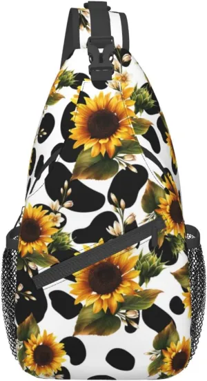 Sunflower Cow Print Sling Bag Crossbody Backpack Sunflower Pattern Yellow Flowers Isolated on Cute Cow Fur Texture Travel Hiking Daypack Animal Cowhide Chest Bag Shoulder Bag Unisex