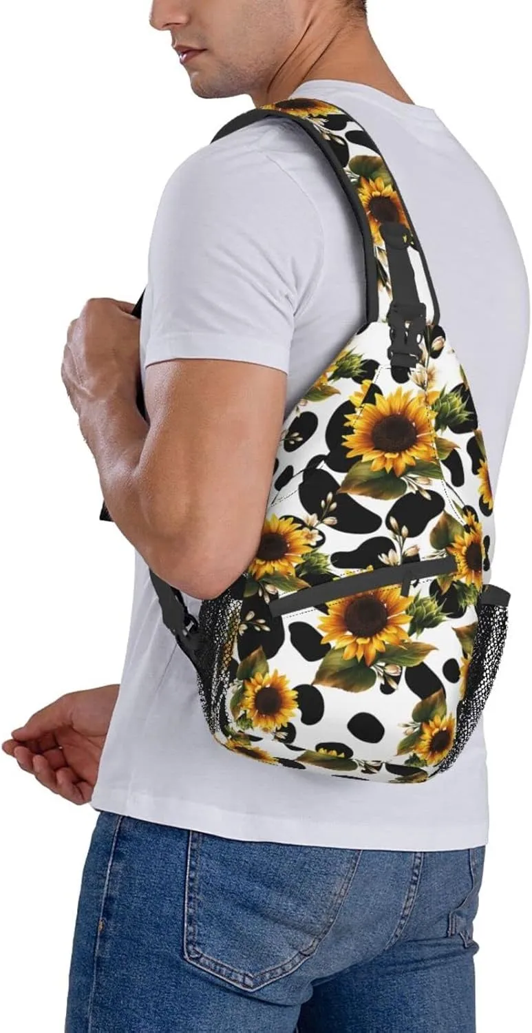 Sunflower Cow Print Sling Bag Crossbody Backpack Sunflower Pattern Yellow Flowers Isolated on Cute Cow Fur Texture Travel Hiking Daypack Animal Cowhide Chest Bag Shoulder Bag Unisex