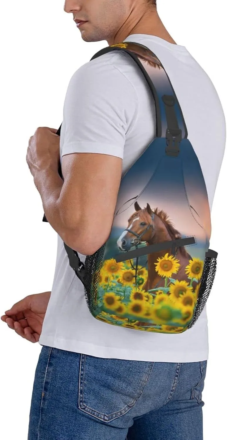 Sunflower Horse Print Sling Bag Crossbody Backpack for Men Women Red Stallion in Bridle Portrait in Sunflowers Chest Bag Casual Sling Shoulder Backpack Travel Hiking Daypack Outdoors