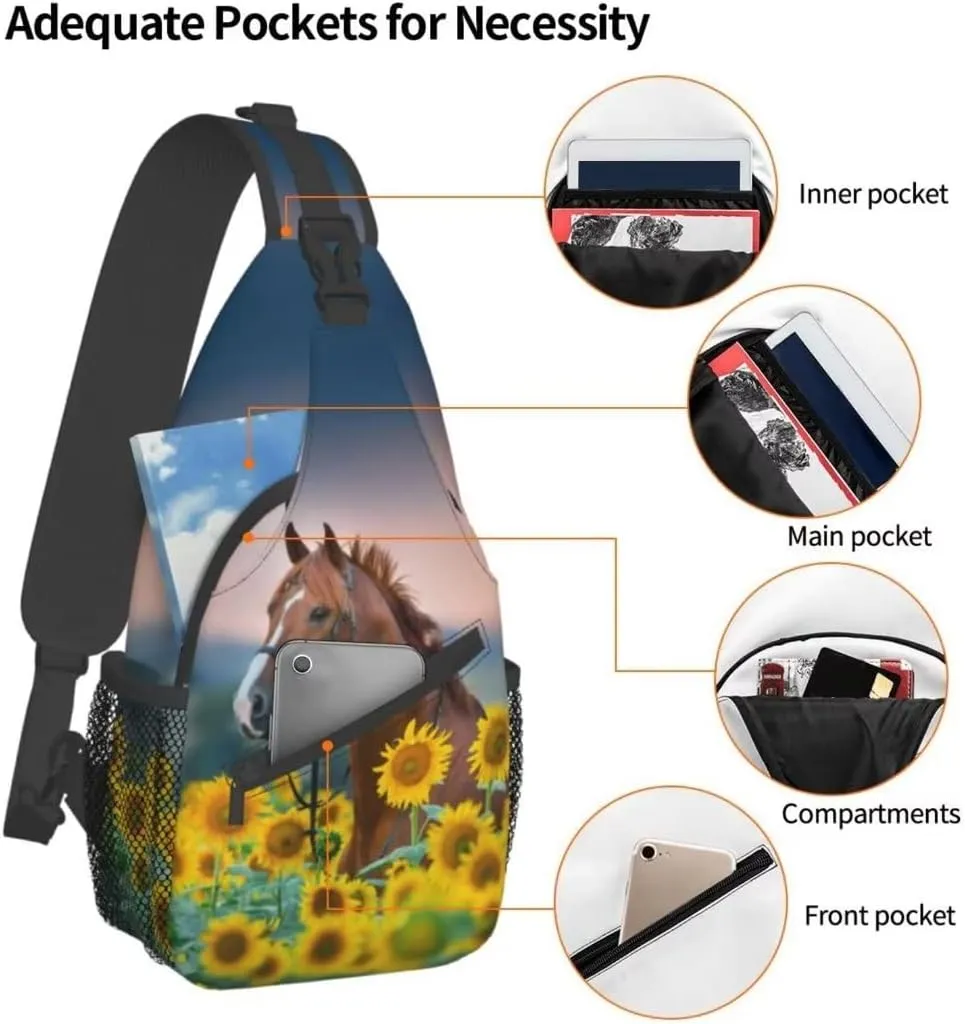 Sunflower Horse Print Sling Bag Crossbody Backpack for Men Women Red Stallion in Bridle Portrait in Sunflowers Chest Bag Casual Sling Shoulder Backpack Travel Hiking Daypack Outdoors