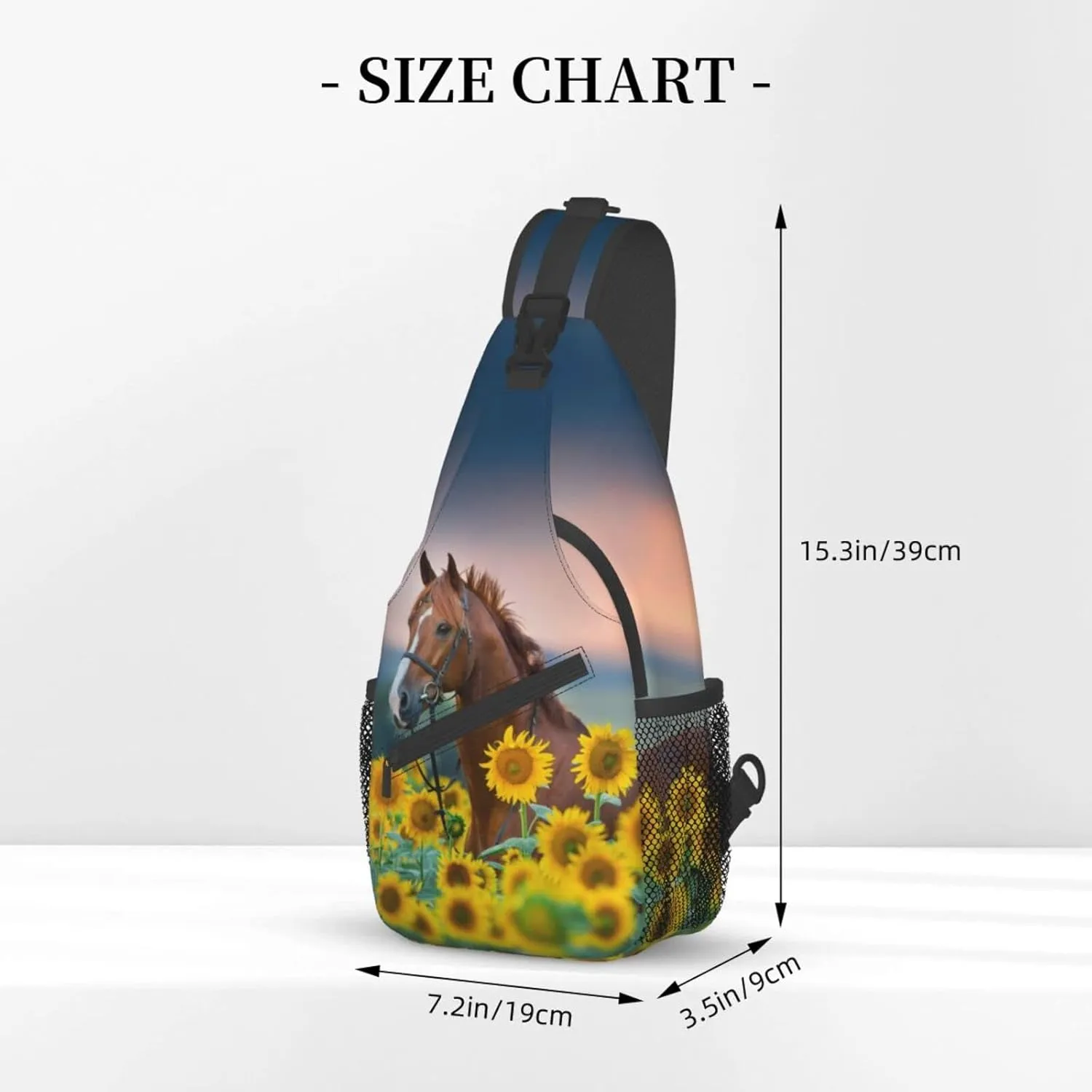Sunflower Horse Print Sling Bag Crossbody Backpack for Men Women Red Stallion in Bridle Portrait in Sunflowers Chest Bag Casual Sling Shoulder Backpack Travel Hiking Daypack Outdoors