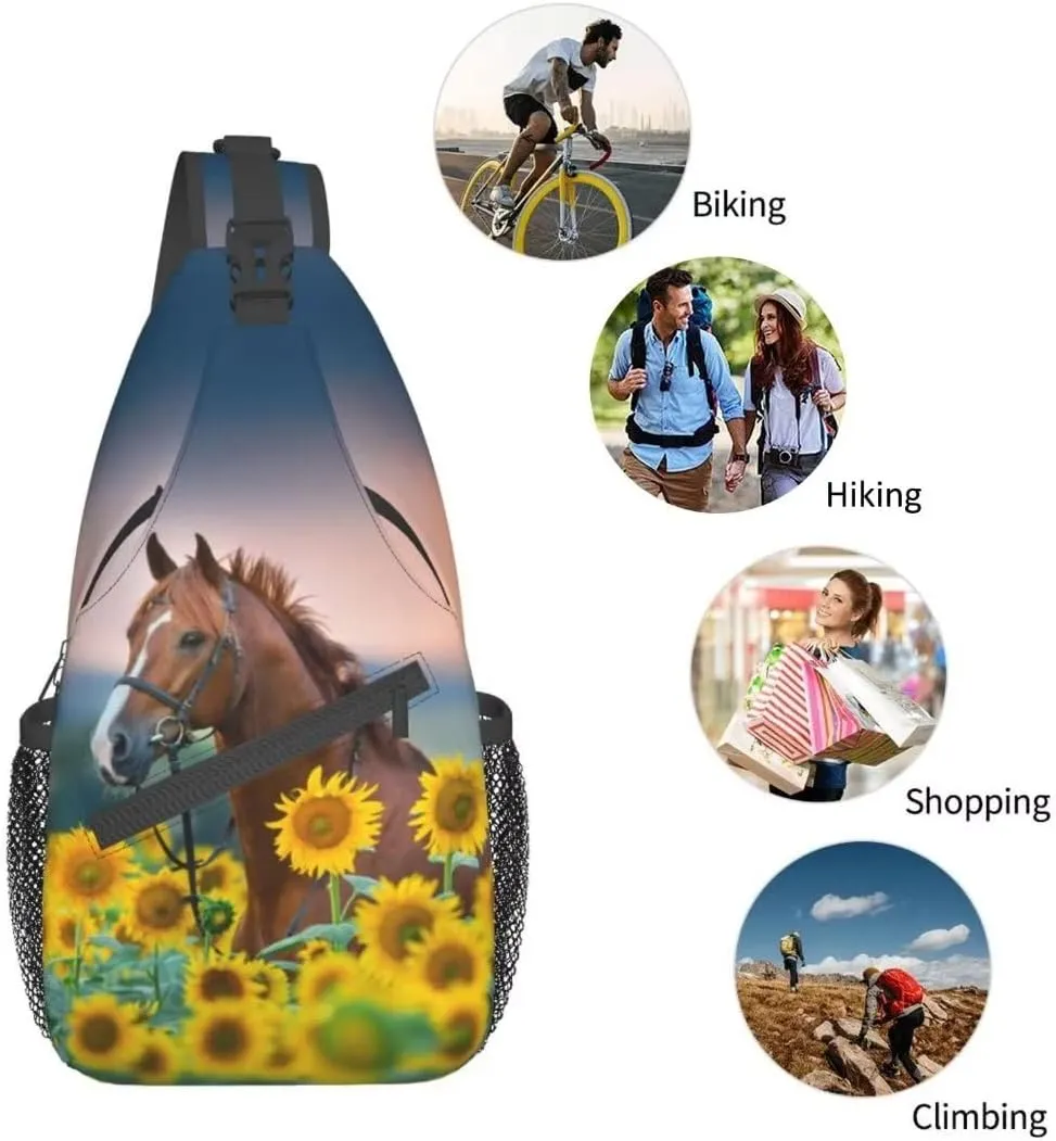 Sunflower Horse Print Sling Bag Crossbody Backpack for Men Women Red Stallion in Bridle Portrait in Sunflowers Chest Bag Casual Sling Shoulder Backpack Travel Hiking Daypack Outdoors
