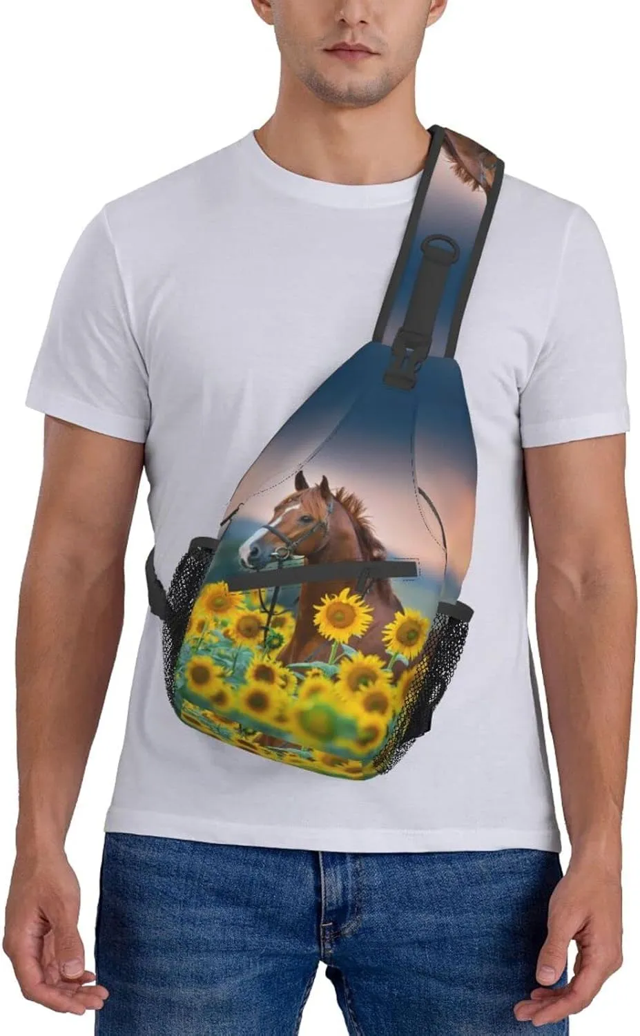 Sunflower Horse Print Sling Bag Crossbody Backpack for Men Women Red Stallion in Bridle Portrait in Sunflowers Chest Bag Casual Sling Shoulder Backpack Travel Hiking Daypack Outdoors