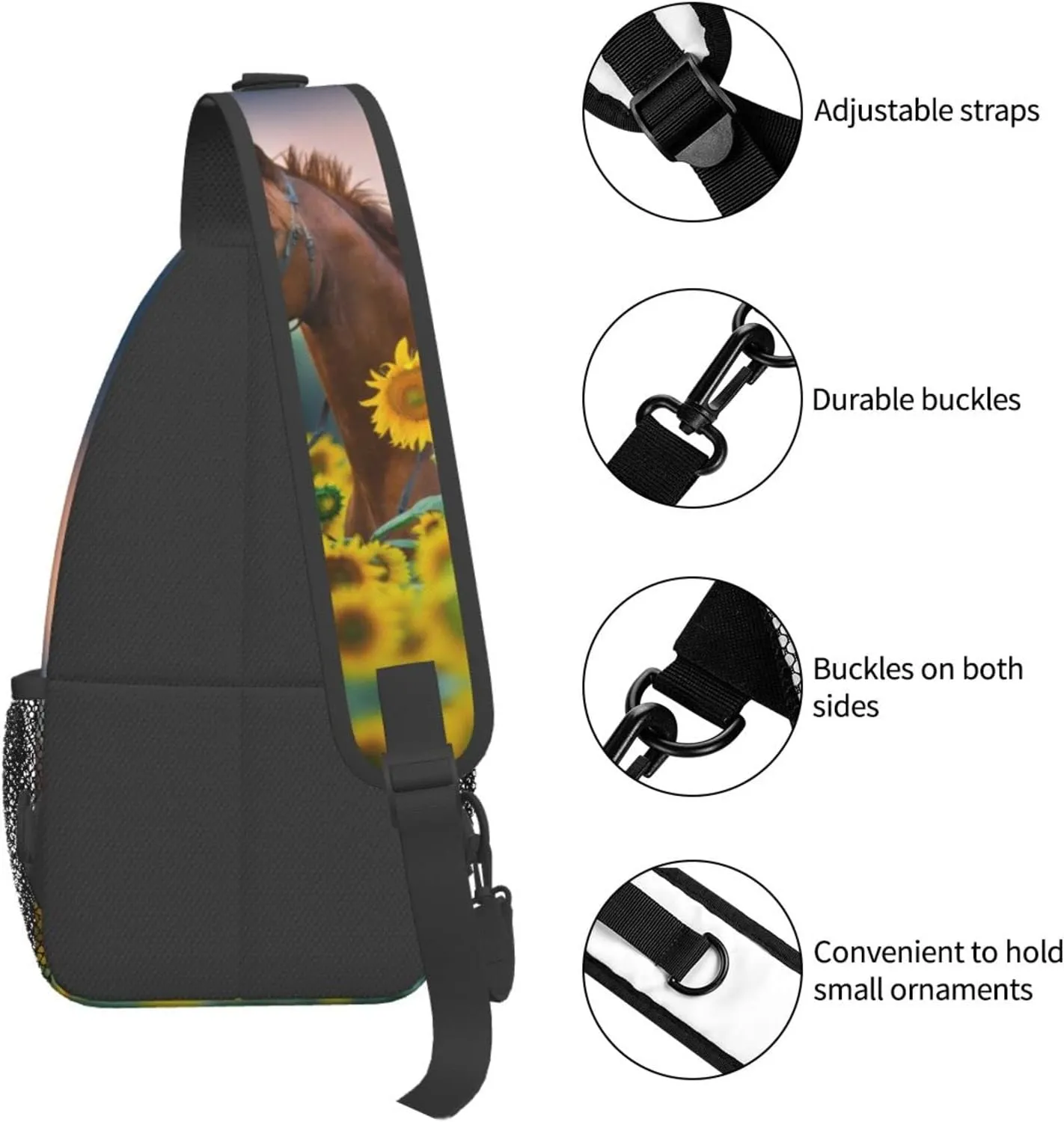 Sunflower Horse Print Sling Bag Crossbody Backpack for Men Women Red Stallion in Bridle Portrait in Sunflowers Chest Bag Casual Sling Shoulder Backpack Travel Hiking Daypack Outdoors