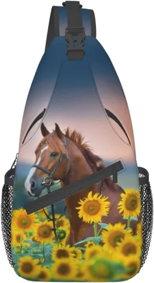 Sunflower Horse Print Sling Bag Crossbody Backpack for Men Women Red Stallion in Bridle Portrait in Sunflowers Chest Bag Casual Sling Shoulder Backpack Travel Hiking Daypack Outdoors